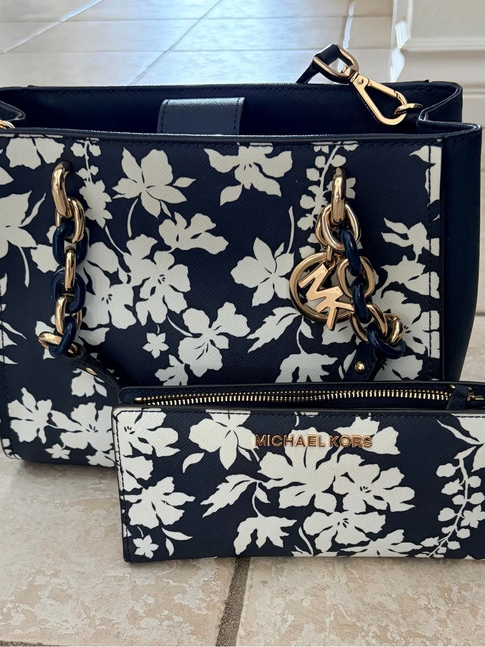 Michael Kors Navy and White Floral Tote with Matching Zip Wallet